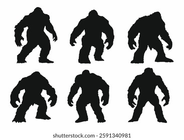 Bigfoot, Yeti, Wild Monster, Sasquatch black silhouettes set. Flat vector illustrations isolated on white background