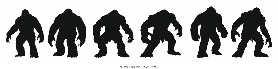 Bigfoot, Yeti, Wild Monster, Sasquatch black silhouettes set. Flat vector illustrations isolated on white background