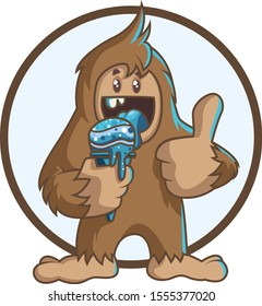 Bigfoot/yeti eating ice cream vector illustration isolated on white background