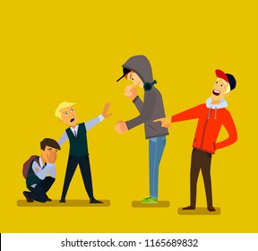 Bigger boy bullying a smaller one i Emotional Stress - teenager student with fear. Vector illustration in a flat style.