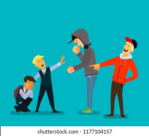 Bigger boy bullying a smaller one i Emotional Stress - teenager student with fear. Vector illustration in a flat style.