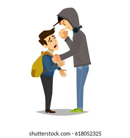 Bigger boy bullying a smaller one isolated in white. Emotional Stress - teenager student with fear. Vector illustration in a flat style.