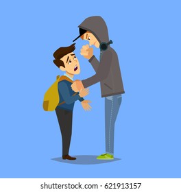 Bigger boy bullying a smaller one isolated in white. Emotional Stress - teenager student with fear. Vector illustration in a flat style.