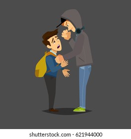 Bigger boy bullying a smaller one isolated in white. Emotional Stress - teenager student with fear. Vector illustration in a flat style.