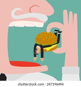 Bigger businessman eating businessman who get trapped by burger. vector illustration