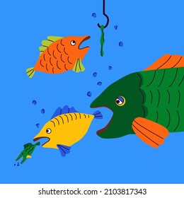 Bigger fish eat smaller fish. Fish is caught with hook. Food chain, survival, monopoly, competition. Business concept - the stronger wins the weaker. Cartoon vector illustration big and small fishes