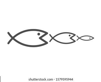 Bigger fish eating smaller ones. Food chain, predator and prey, risk, survival, merger, trap and bait concept. Line art flat design. EPS 8 vector illustration, no transparency, no gradients