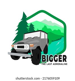 Bigger The Last Adrenaline, Simple Illustration Adventure Car With Mountain, River, And Pine Trees, Depict Adventure Of Nature