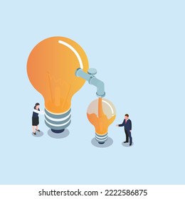 Bigger lightbulb sharing ideas to smaller one isometric 3d vector illustration concept for banner, website, illustration, landing page, flyer, etc.