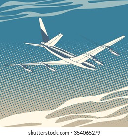 Biggest airplane in the clouds retro style pop art retro style. Travel and tourism. Transport and technology. Speed success height