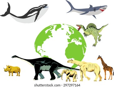 Biggest animals in history of earth vector illustration. Blue whale,brontosaurs, giraffe, elephant and other 