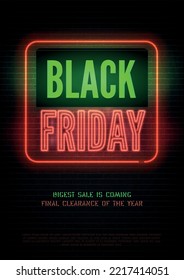 Biggest black friday discounts vector flyer template. Mega wholesale turtles advert with text space. Special price offer on neon stylized brick wall background. Seasonal sale promo banner design