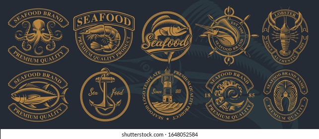 The biggest bundle of vintage illustrations for seafood theme. Perfect for logos, badges, labels and many other uses. Text is on the separate group.
