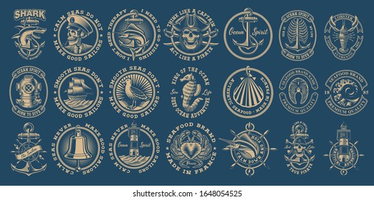 The biggest bundle of vintage nautical vectors on the dark background. Perfect for the shirt designs and many other. Text is on the separate group.
