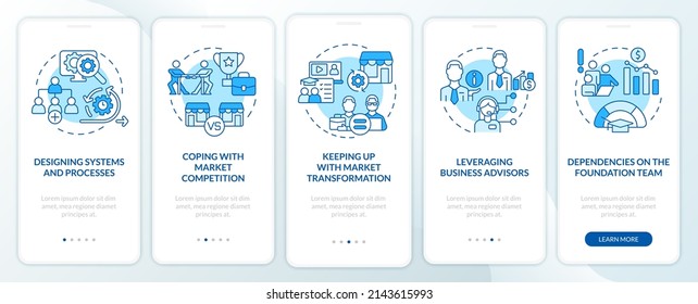 La mayor estrategia de negocio emite pantalla azul de aplicación móvil. Recorrido 5 pasos de páginas de instrucciones gráficas con conceptos lineales. UI, UX, plantilla GUI. Multitud de tipos de letra Pro-Bold, con uso regular