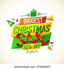 Biggest Christmas Sale paper banner, Sale and Discount flyer, Colorful tag or label design, 50% Off, Glossy typographic background, Creative vector illustration. 