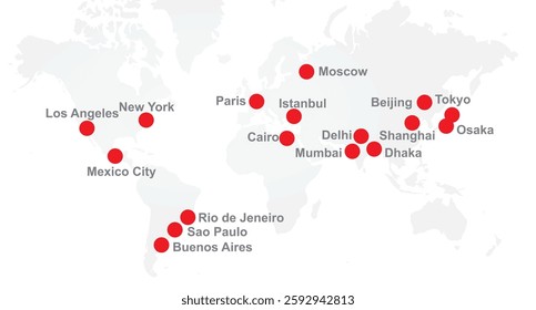 Biggest cities in world on map. vector