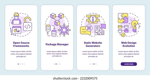 Biggest digital development trends onboarding mobile app screen. Walkthrough 4 steps editable graphic instructions with linear concepts. UI, UX, GUI template. Myriad Pro-Bold, Regular fonts used