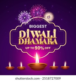 La mayor venta de Diwali Dhamaka con 10, 20, 30, 40, 50, 60, 70, 80, 90 por ciento de descuento. Diseño feliz del Vector de la celebración del Anuncio de la venta de Diwali. 