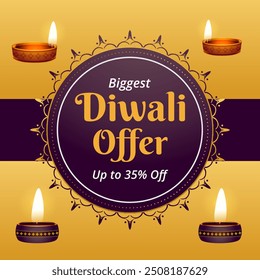 Biggest Diwali Offer with up to 35% off in golden Banner. Vector. Happy Deepawali. Hanging Diya. Illustration.