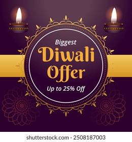 Maior Diwali Oferta Banner com até 25% de desconto.   Ilustração de vetor. Feliz Deepawali. Diwali Sale.