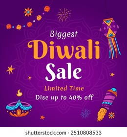 Biggest Diwali Sale banner with Beautiful Design and disc up to 40% off. Limited Time. Vector Illustration. 