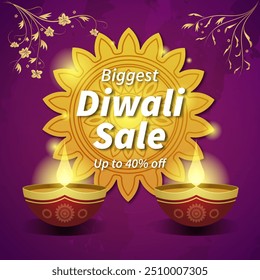 Biggest Diwali Sale banner in Golden and Purple Background with Beautiful Diya Design and up to 40% off. Vector Illustration. Shop Now.