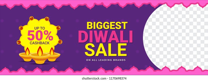 Biggest Diwali Sale header or banner design with 50% cashback offer on purple background with space for your product image.