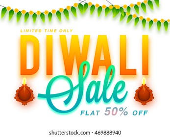Biggest Diwali Sale Poster, Elegant Flyer, Special Offer Banner, Flat Discount Upto 50% for Limited Time Only, Vector illustration with Illuminated Lit Lamp for Indian Festival of Lights.