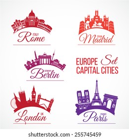 Biggest Europe capital cities skylines with lettering logos. Italy, Rome; Spain, Madrid; Germany, Berlin; Great Britain, London; France, Paris. Vector set