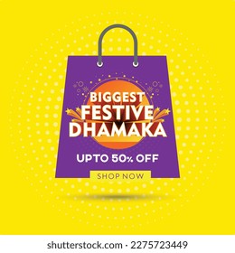 Biggest Festive Dhamaka Vector Unit - Festival Sale offer, Deals, Print advertisement, Flyer, 50 percent off, Retail Fashion, India