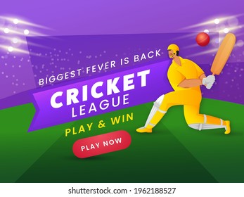 Biggest Fever Is Back Cricket League Based Poster Design With Batsman Player In Playing Pose On Purple And Green Lights Effect Background.