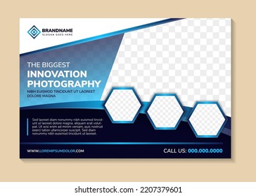 the biggest innovation Photography banner, photo workshop flyer template design, space for photo collage magazine cover suitable for brochure cover or advertising poster. blue, black and white colors.