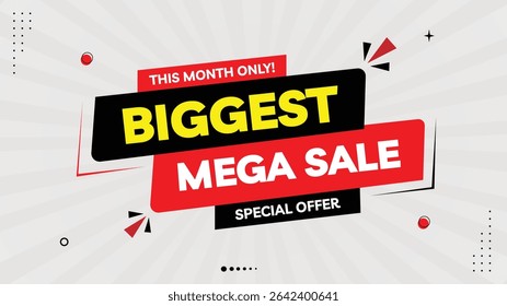 Biggest Mega Sale Banner This Month Only! Special Offer – Element Shapes Template with Black, Yellow, Red Gradient on White Background