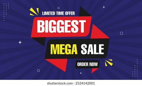 Biggest Mega Sale Limited Offer Order Now with Eye-Catching Sale Banners Element Shapes and Templates in Yellow Black White Red and Purple Perfect Sale Backgrounds for Your Next Campaign