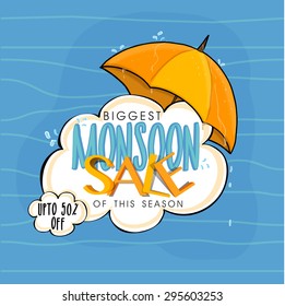 Biggest Monsoon Sale of this season with 50% discount offer, Creative poster, banner or flyer design with umbrella on blue background.