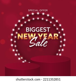 Biggest New Year Sale Poster Design With Lighting Circular Shape And 3D Empty Podium On Red Background.