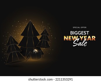 Biggest New Year Sale Poster Design With Xmas Trees, Gift Box And Glitter Effect On Black Background.