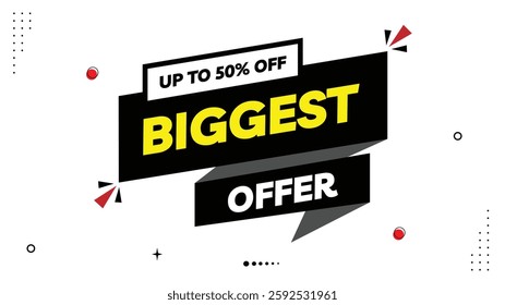 Biggest Offer Sale Banner Template: Up to 50% Off with Yellow, Black, Red Gradient and White Background Element Shapes