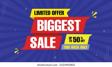 Biggest Sale Up to 50% Off Limited Offer This Week Only Get Stunning Sale Banner Templates with Element Shapes in Yellow Black White Red and Purple Perfect Sale Backgrounds for Eye-Catching Designs