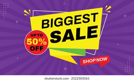 Maior Venda Até 50% Off Shop Agora Banner Desconto com Elemento Moderno Formas Modelo em Preto Branco e Azul Eye-Catching Venda Fundo para Promoções Oferta de tempo limitado