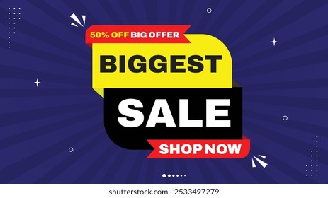Biggest Sale! Up to 50% Off - Shop Now for Huge Offers. Eye-Catching Sale Banners with Element Shapes Templates in Red, Black, White, Yellow, Purple Gradient. Perfect Sale Backgrounds for Promotions
