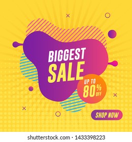 Biggest sale banner on yellow background. Abstract liquid banner