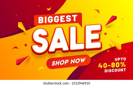 Biggest Sale banner or poster design with 40-80% discount offer and geometric elements.