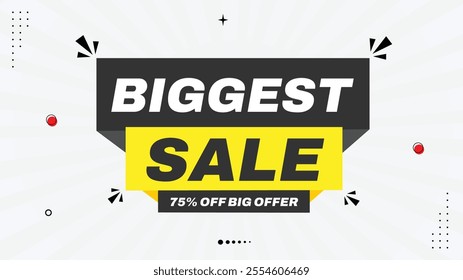 Biggest Sale Banner Template: 75% Off Big Offer with Modern Element Shapes in Black, Red, White Gradient Background – Stylish Design for Promotions, Discounts, and Eye-Catching Marketing Materials