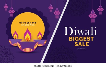 Biggest sale Diwali Banner design with hanging lantern's and Diya lamp