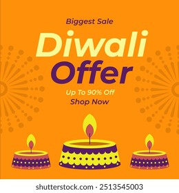 Biggest Sale. Diwali Offer Banner With Beautiful Candle and disc up to 90% off. Diwali Festival Of Lights Banner with Diya Vector Illustration. Happy Diwali Social Media Post Template. Shop now.