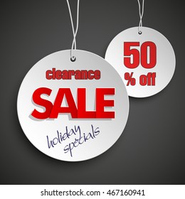 Biggest sale ever circle banner tag. Abstract round background. Advertising clearance sale 50% off poster. Vector illustration. Holiday specials. Offer discount