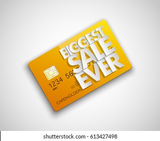 Biggest sale ever & credit bank card banner. Abstract rectangle background with plastic card icon. Advertising discount poster. Vector online banking tag, Promotional Internet shopping sale brochure
