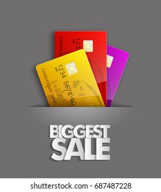 Biggest sale ever & credit bank card banner. Abstract sale background with plastic card icon. Advertising discount sale poster. Vector online banking tag, Promotional Internet shopping sale brochure